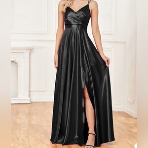 Elegant Black Satin Maxi Dress with Spaghetti Straps and Front Slit